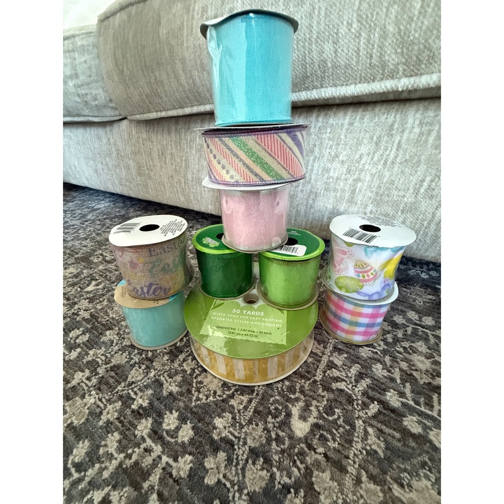 Lot of 10 Decorative Ribbons Easter St Patricks Day Spring Wired Burlap Glitter